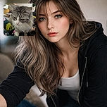 A fluffy gray and white cat cautiously steps forward on a cozy blanket with colorful patterns, set against a softly lit indoor background featuring some furniture and plants. The image is slightly blurry, giving it a candid, spontaneous feel.