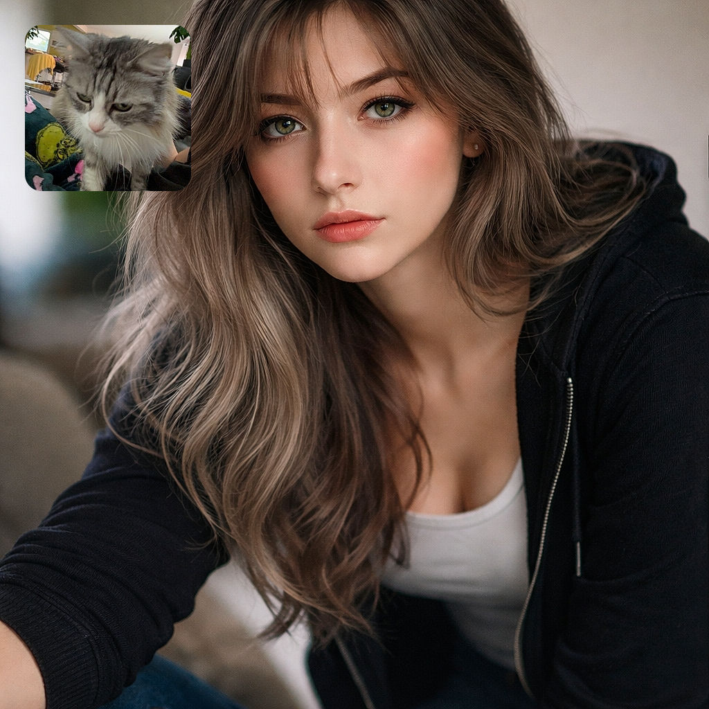 A fluffy gray and white cat cautiously steps forward on a cozy blanket with colorful patterns, set against a softly lit indoor background featuring some furniture and plants. The image is slightly blurry, giving it a candid, spontaneous feel.