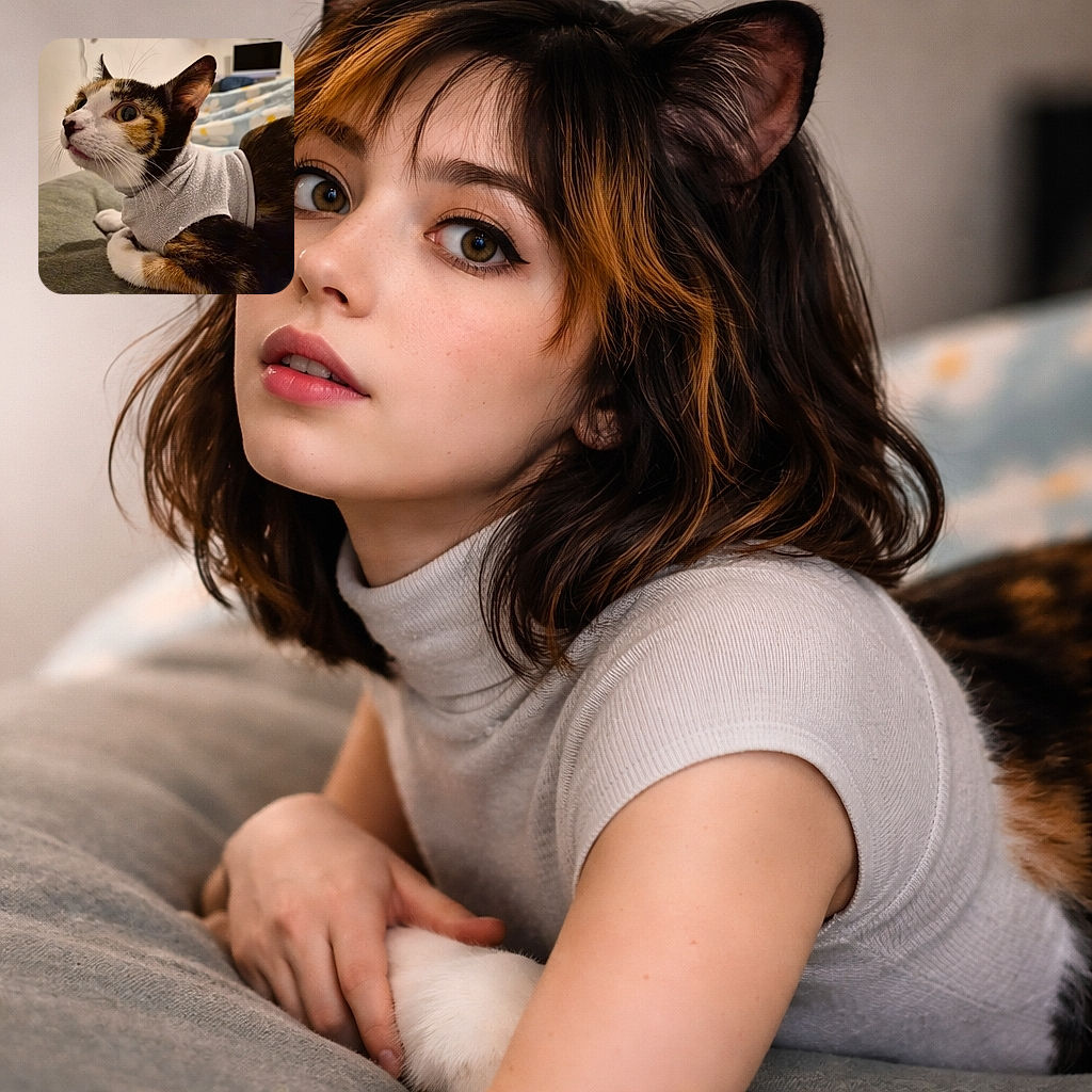 A surprised calico cat in a snug little sweater stares off-camera with wide, curious eyes and a tiny tongue peeking out — part fashion model, part startled detective, comfortably posed on a bed.