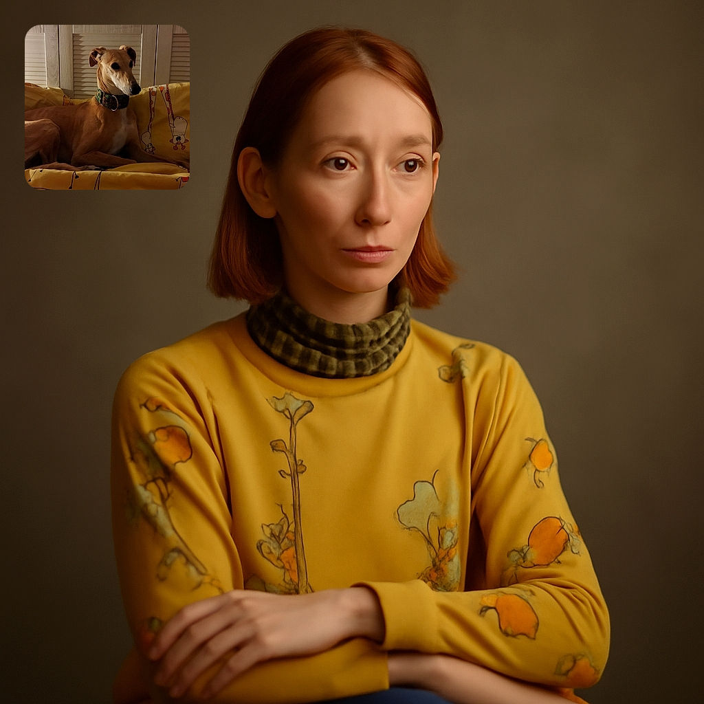 A sleek dog lounges regally on a cozy yellow bedspread adorned with playful giraffe illustrations, the warm indoor lighting casting gentle shadows that highlight its smooth fur and attentive expression.
