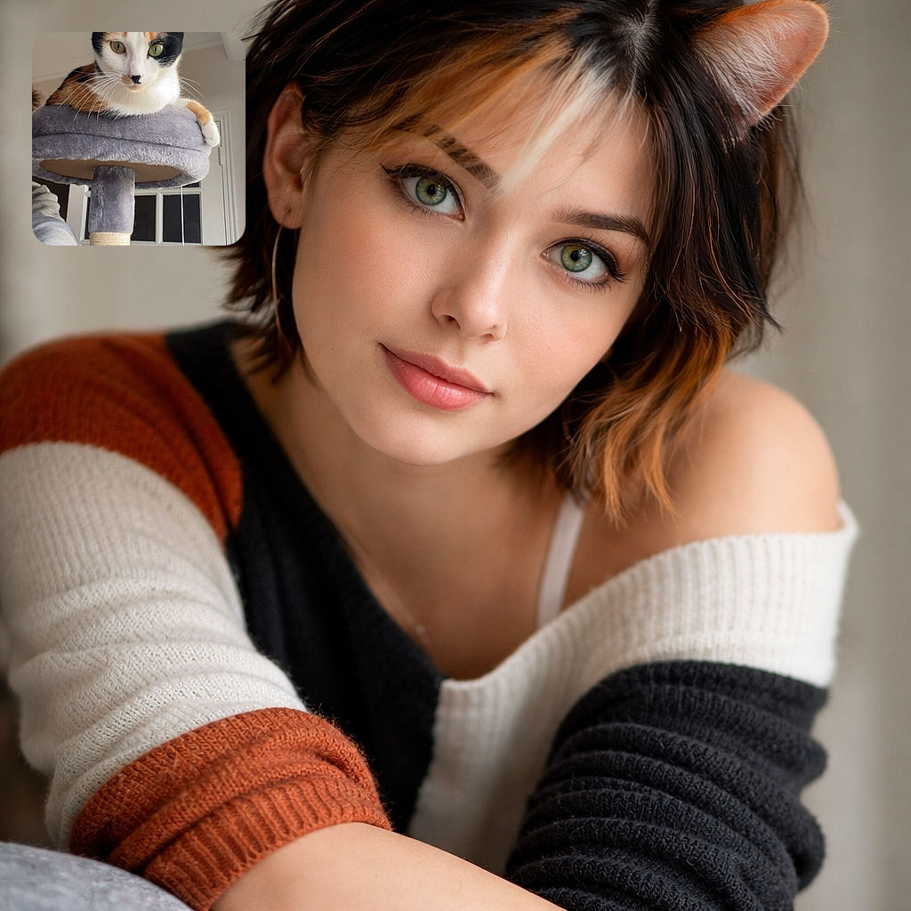 A curious calico cat perched regally atop a cozy gray cat tree, gazing intently at the camera with bright green eyes. In the corner, a small inset video call window shows a person peeking in with a playful smile, adding a modern and personal touch to this cozy indoor scene.
