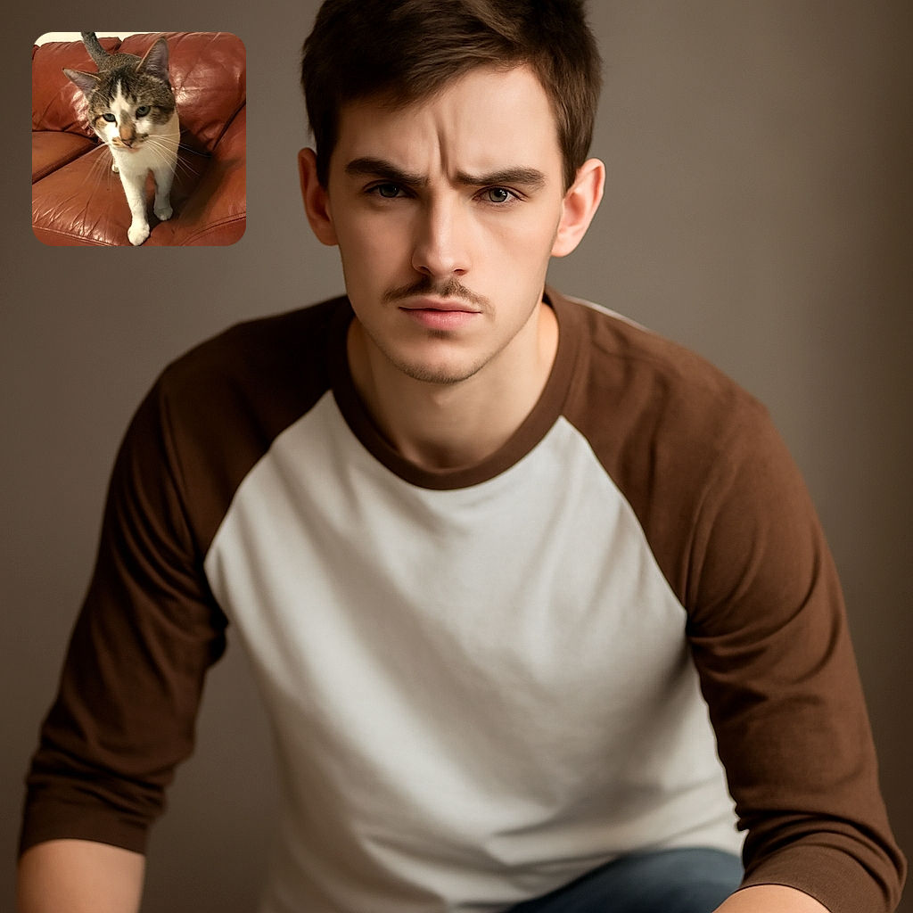 A curious tabby cat with white paws and chest is standing on a worn brown leather couch, looking slightly blurred as if caught mid-step or mid-meow, with a cozy indoor background.