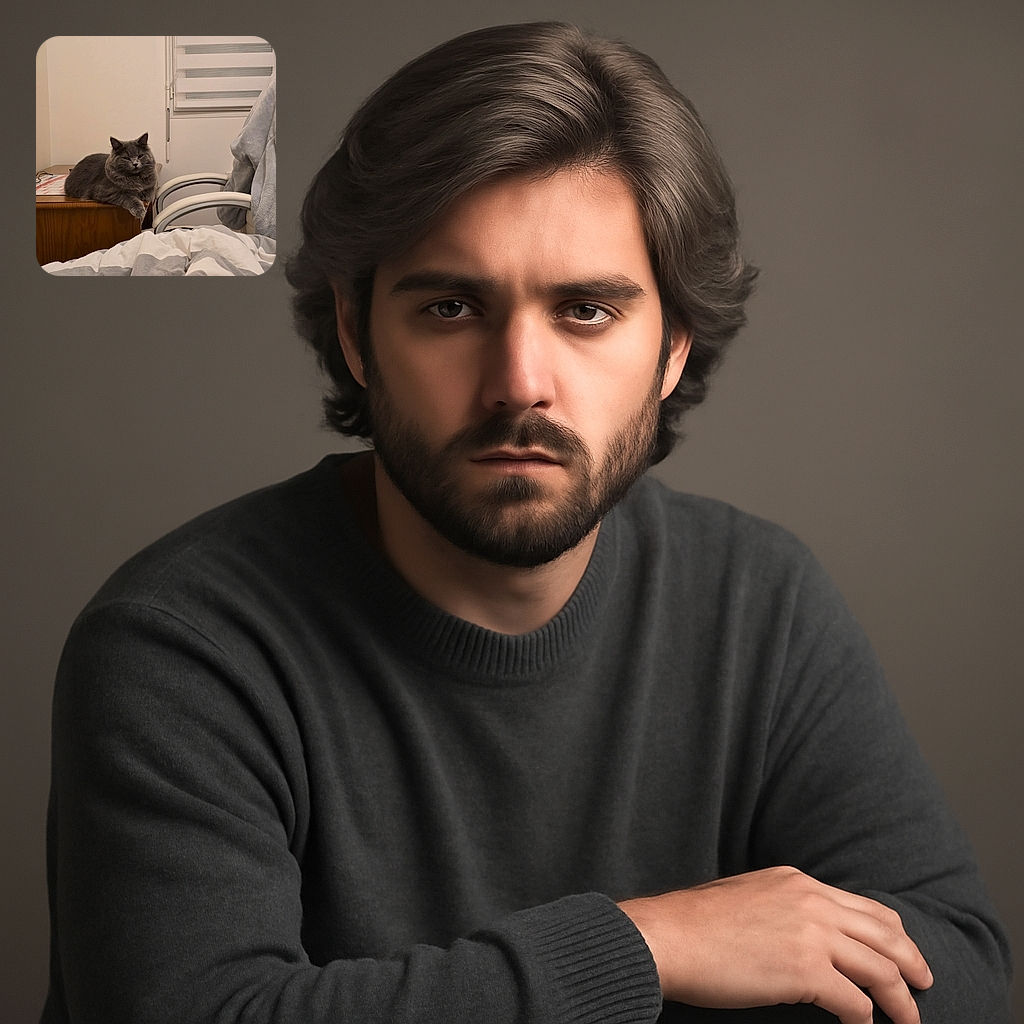A fluffy gray cat lounges majestically on the edge of a wooden desk, looking slightly unimpressed while surrounded by cozy bedroom elements like a striped comforter, a cushioned chair draped with a soft gray blanket, and a window with white blinds.
