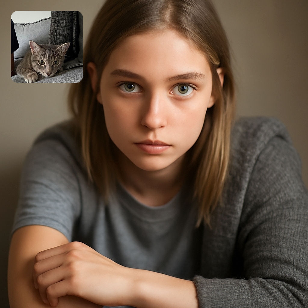 A curious gray tabby cat crouches low on a cozy gray couch, eyes wide and focused as if plotting its next playful pounce, blending perfectly with the soft textured fabric around it.