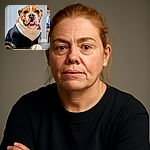 A charming bulldog dressed in a sporty black Adidas jacket sits attentively indoors, eyeing a well-used baseball on the tiled floor, ready for a game or a playful fetch session.
