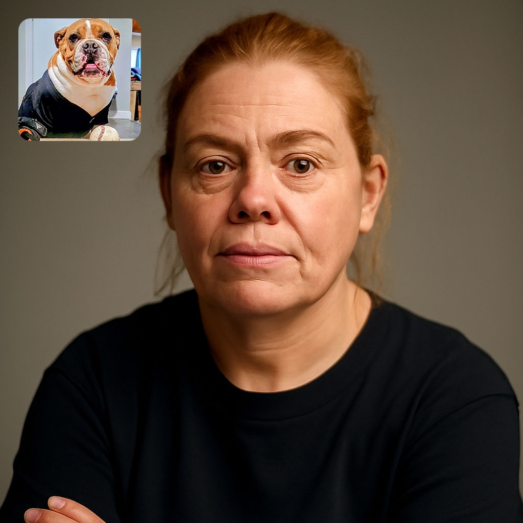 A charming bulldog dressed in a sporty black Adidas jacket sits attentively indoors, eyeing a well-used baseball on the tiled floor, ready for a game or a playful fetch session.