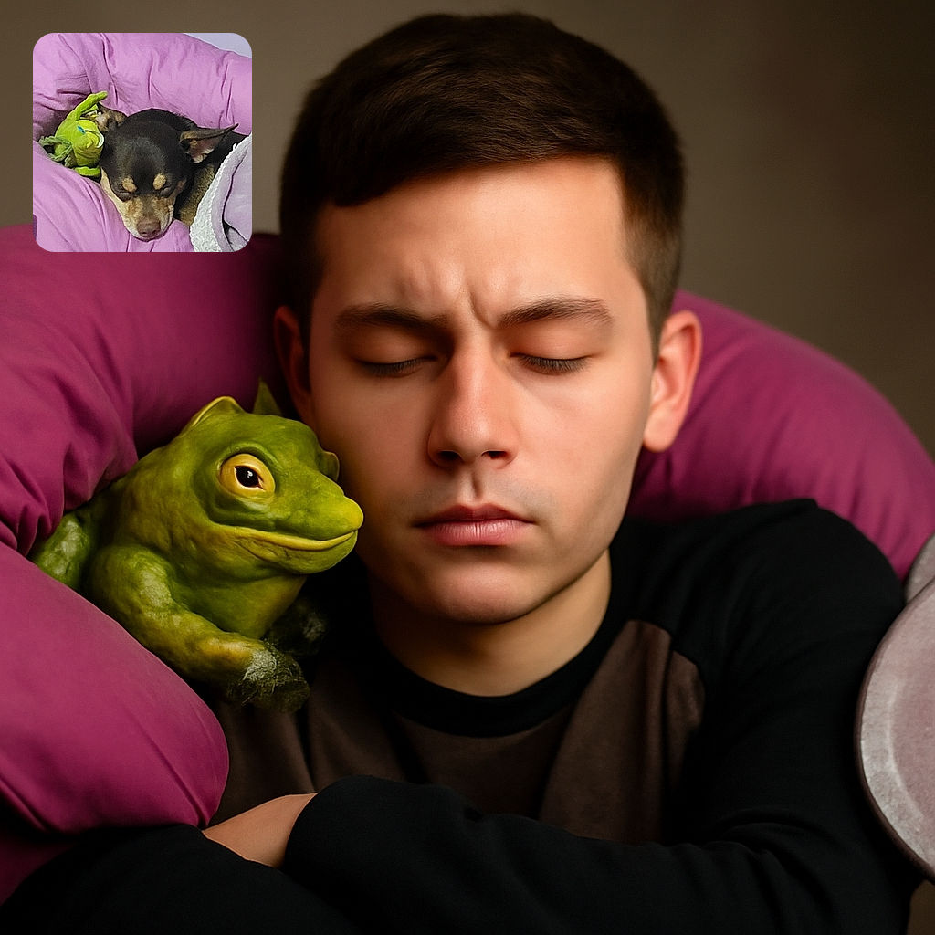 A cozy pup is snoozing contentedly in a soft pink bed, cuddling a green plush toy, while another dog is partially visible in the foreground, making it a heartwarming snapshot of pet comfort.