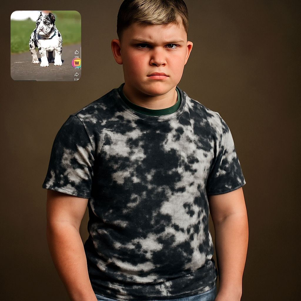 A chunky American Bulldog puppy with a striking black and white coat stands confidently on a paved path, looking curiously to the side. The background is a soft blur of green grass and out-of-focus objects, while the image is overlaid with social media interface elements including likes, comments, hashtags, and buttons.