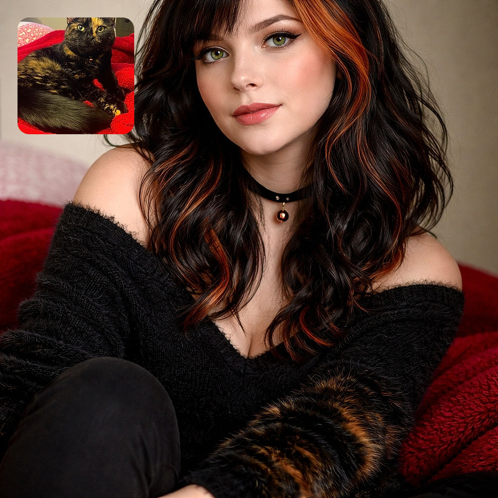 A regal tortoiseshell cat lounges like a tiny, judgmental monarch on a plush red blanket — one ear alert, eyes glowing, and a little bell declaring she owns the bed. Background shows cozy bedroom details while the cat steals the spotlight with regal fluff and a dramatic stare.