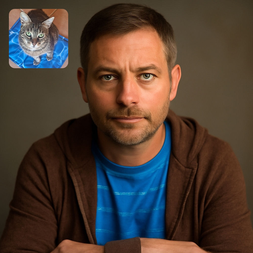 A curious tabby cat with striking green eyes sits on a blue mat with a water ripple pattern, looking up with a mix of innocence and mischief. The warm tiled floor contrasts nicely with the cool blue mat, making the cat's fur and eyes pop in this well-focused and charming shot.