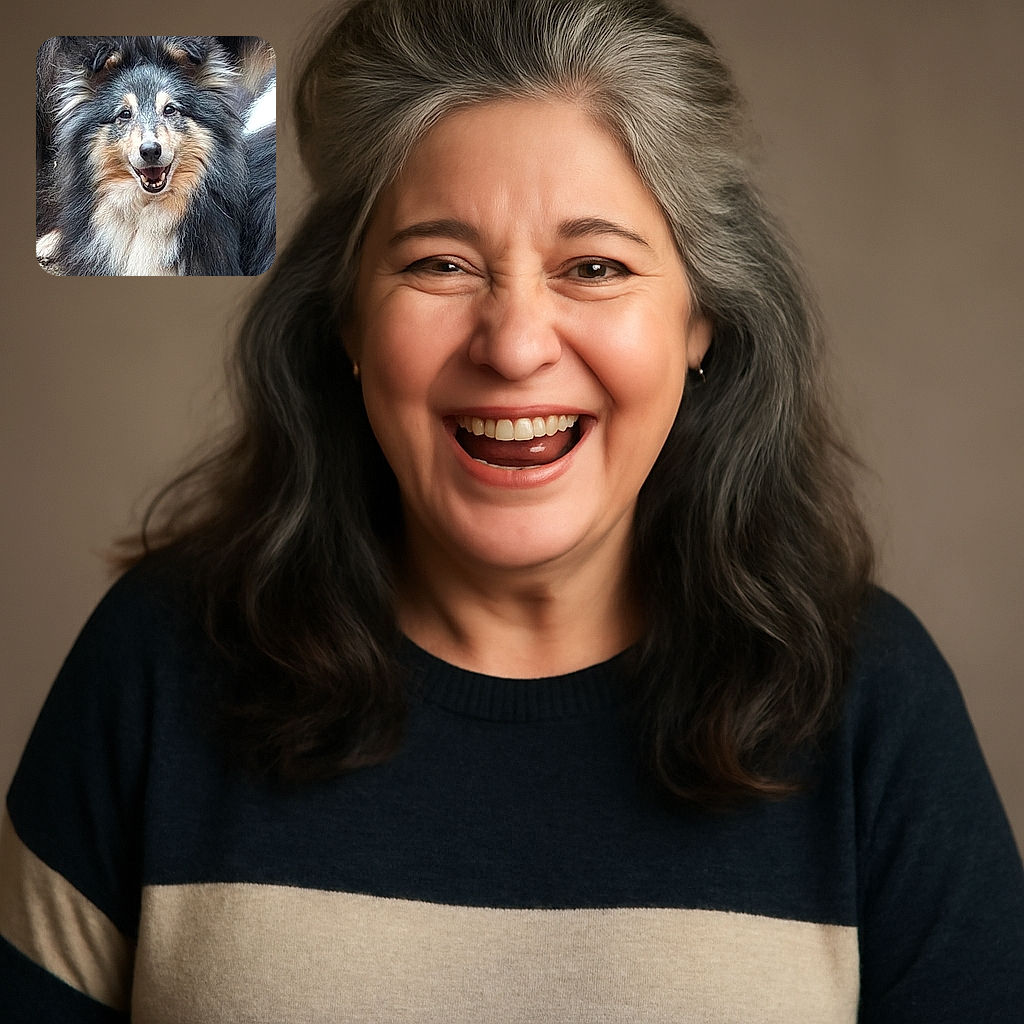 A fluffy, happy dog with a thick, multi-colored coat smiles joyfully at the camera, its bright eyes and open mouth radiating pure canine cheer against a natural outdoor background.