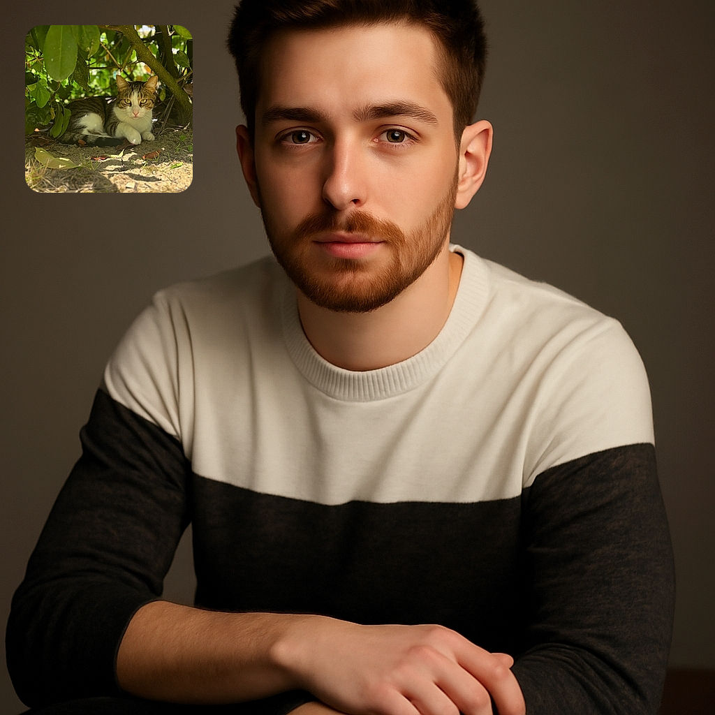 A curious tabby cat with white paws lounges comfortably under the shade of leafy green bushes, eyes fixed on the camera with an intense yet relaxed gaze, blending nature and feline charm perfectly.