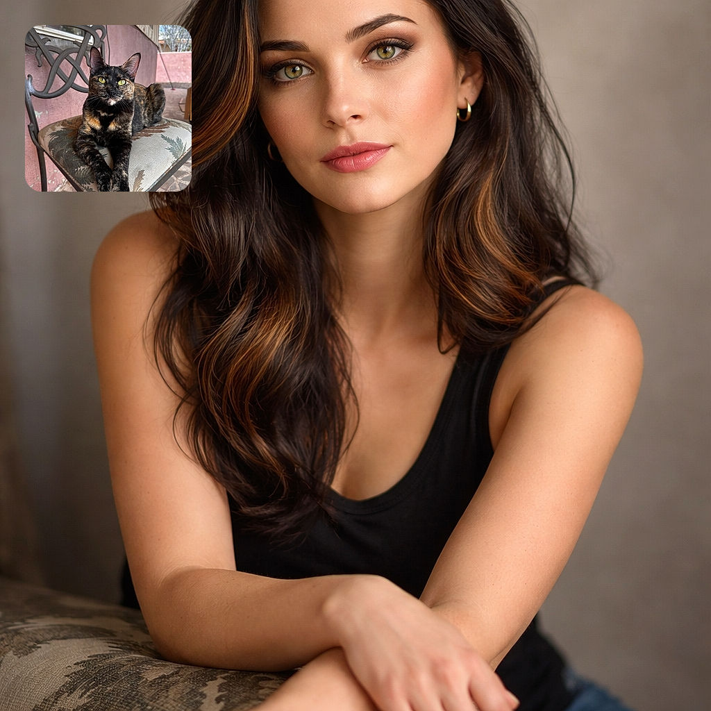 A regal tortoiseshell cat lounges elegantly on a patterned cushioned chair, its bright green eyes locked onto the camera with a curious and calm expression. The rustic pink wall and stone floor add a cozy outdoor patio vibe to the scene.