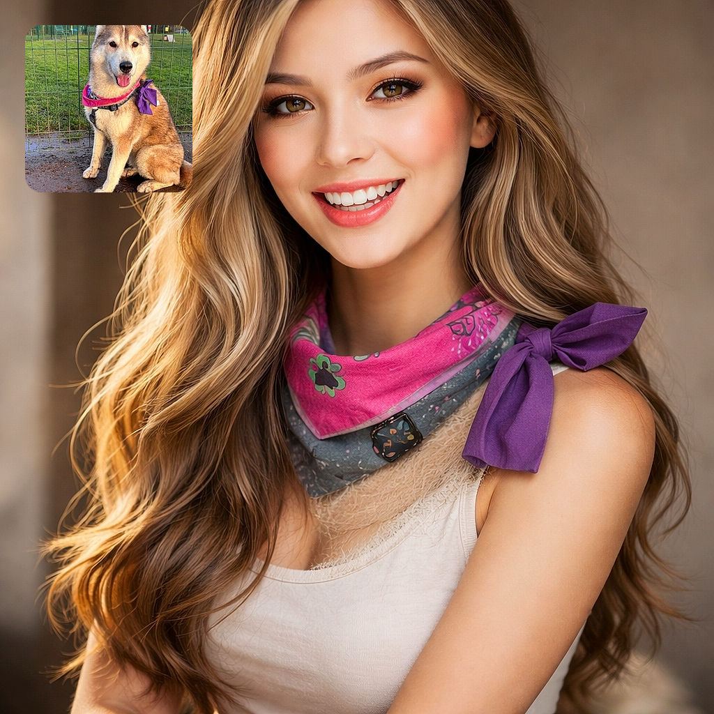 A joyful husky sitting proudly with a purple bow and pink bandana, tongue out and muddy paws showing it just finished an adventure in the park—stoic ears, fluffy fur, and a face that clearly expects treats.