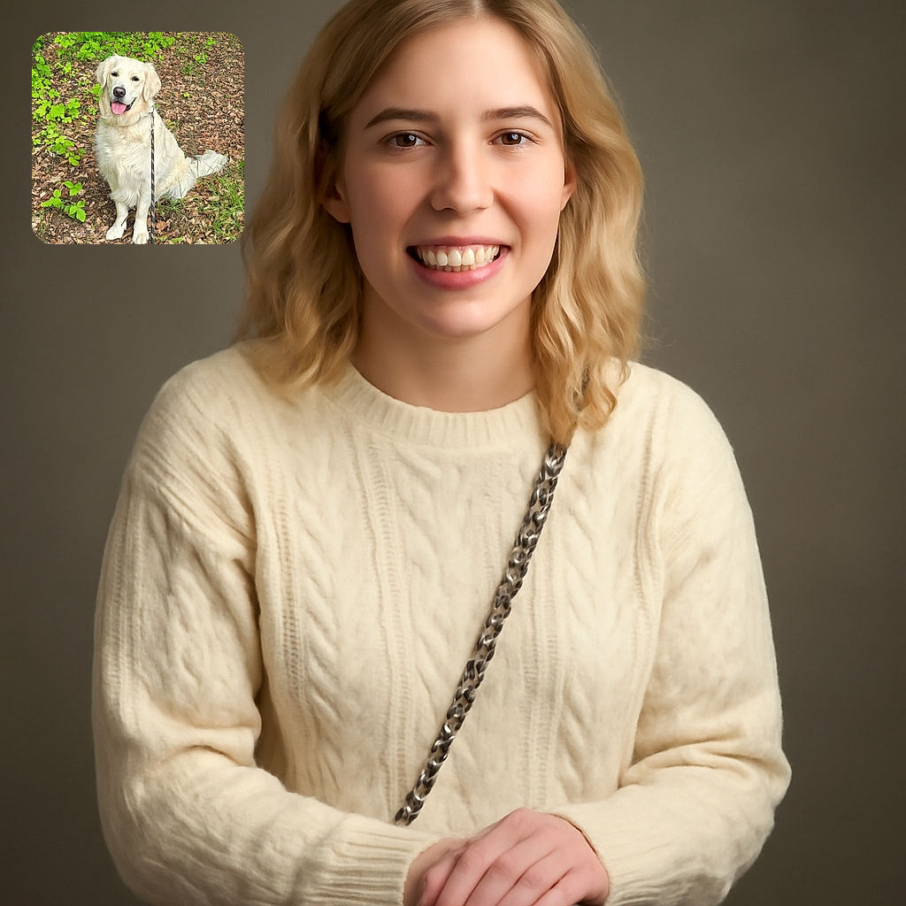A happy golden retriever sits obediently on a leafy forest floor, tongue out and leash in place, surrounded by fresh green plants and fallen brown leaves, capturing a perfect moment of nature and canine joy.