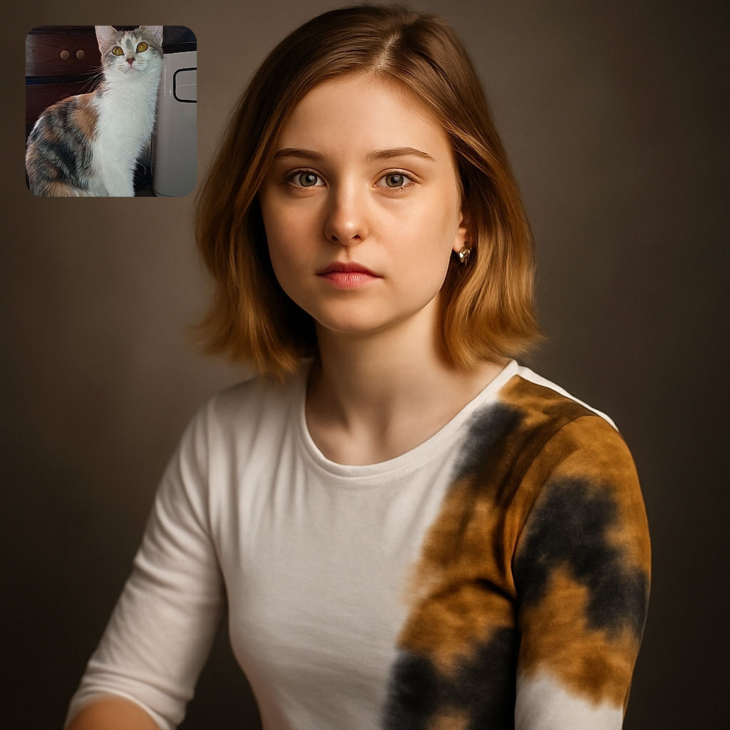 A charming calico cat sits attentively on a textured carpet, with a wooden dresser and a fan in the background. The cat's golden eyes gleam with curiosity, and its fur pattern is a delightful mix of white, orange, and gray. The indoor lighting softly highlights the cat's features, making it the clear star of this cozy room scene.