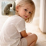 A fluffy white puppy sits quietly on a marble floor, gazing curiously at a small dark object near a doorframe, bathed in soft natural light.