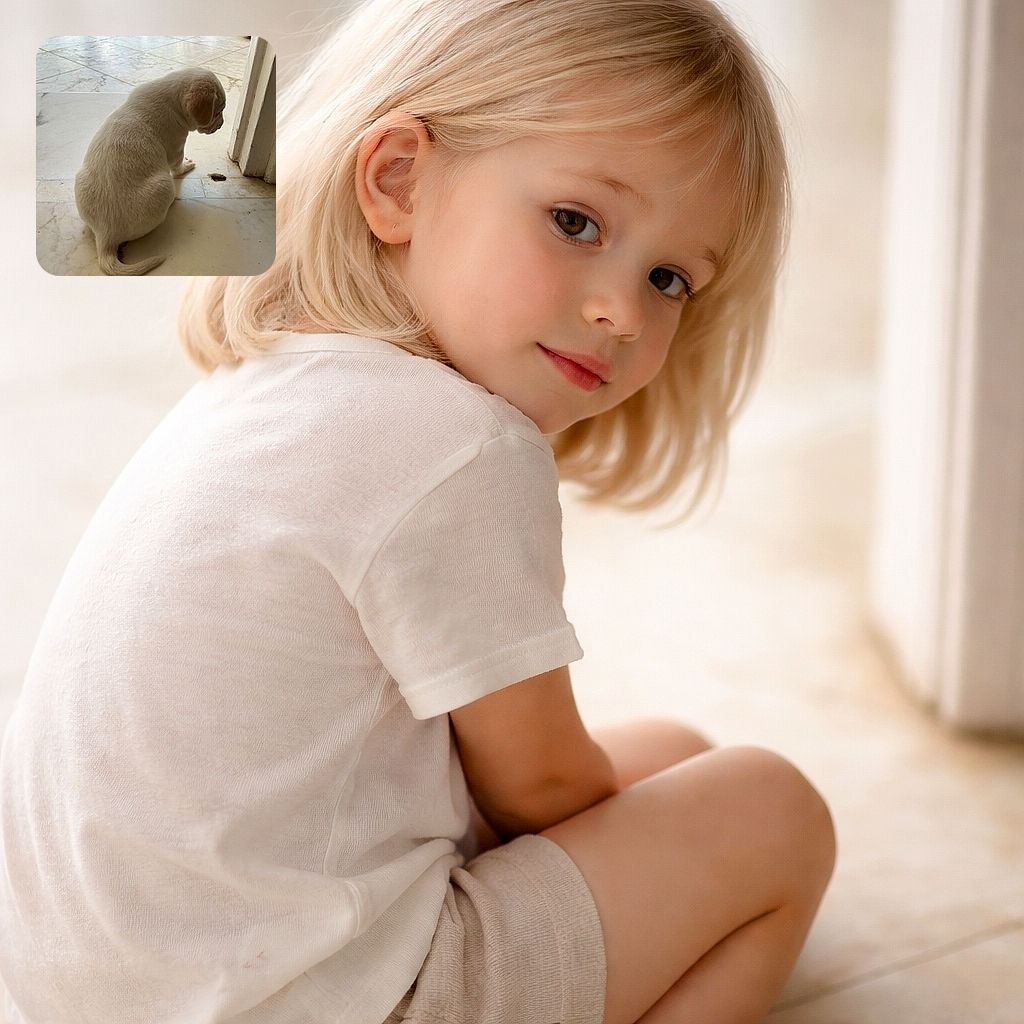 A fluffy white puppy sits quietly on a marble floor, gazing curiously at a small dark object near a doorframe, bathed in soft natural light.