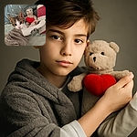 A curious kitten wrapped snugly in a gray towel is reaching out with a paw, seemingly hugging a plush teddy bear holding a bright red heart, all set against a cozy bed with patterned pillows and sheets.
