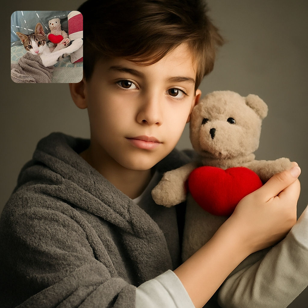 A curious kitten wrapped snugly in a gray towel is reaching out with a paw, seemingly hugging a plush teddy bear holding a bright red heart, all set against a cozy bed with patterned pillows and sheets.