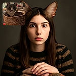 A curious tabby cat with big eyes peeks out from inside a woven basket, sitting on a red surface in a cozy kitchen setting with soft lighting and blurred background.