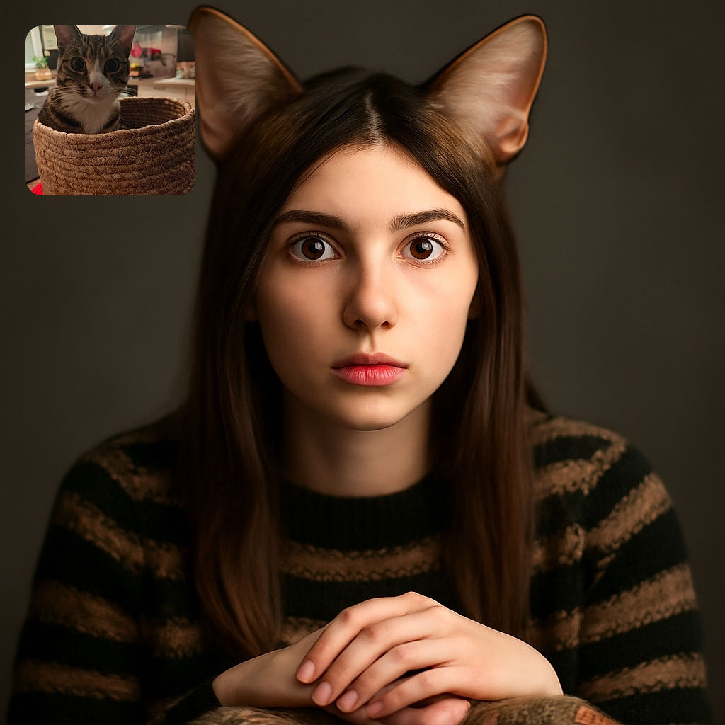 A curious tabby cat with big eyes peeks out from inside a woven basket, sitting on a red surface in a cozy kitchen setting with soft lighting and blurred background.