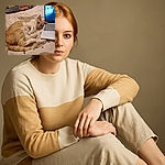 A cozy orange and white cat is lounging on a patterned bedspread next to a laptop, looking relaxed and slightly curious as if it's contemplating the mysteries of the internet or just enjoying a lazy day indoors.