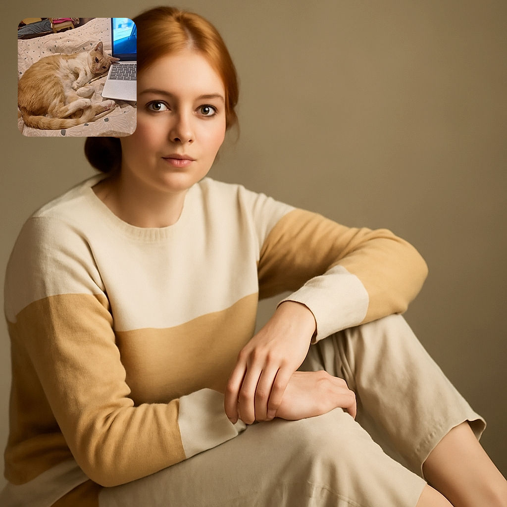 A cozy orange and white cat is lounging on a patterned bedspread next to a laptop, looking relaxed and slightly curious as if it's contemplating the mysteries of the internet or just enjoying a lazy day indoors.