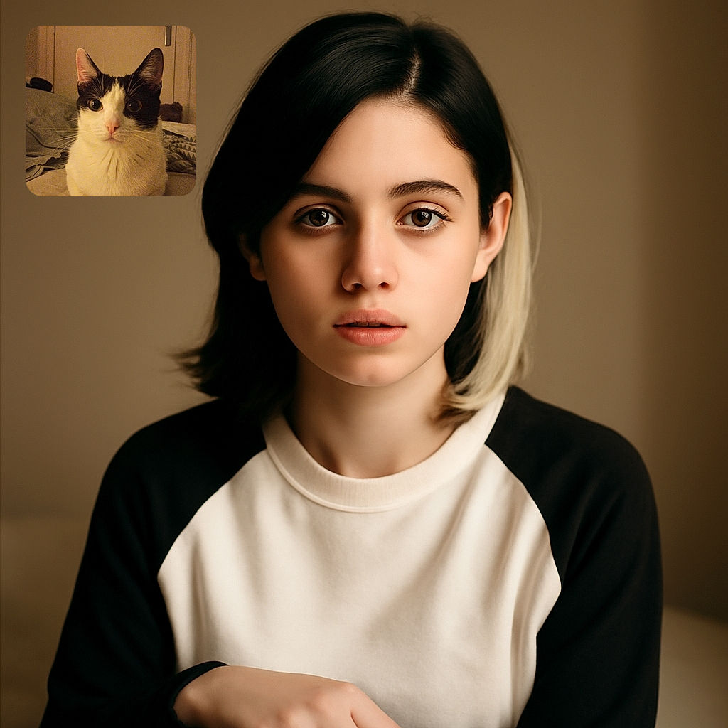 A curious black and white cat sits neatly on a bed with its paws tucked under, staring wide-eyed at the camera. The warm indoor lighting casts a cozy glow, and a closed door with a handle is visible in the background.