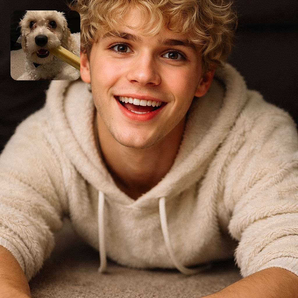 A fluffy, curly-haired dog with big, shiny eyes is clutching a yellow chew stick in its mouth, looking straight at the camera with an adorable and slightly mischievous expression, set against a cozy indoor background.