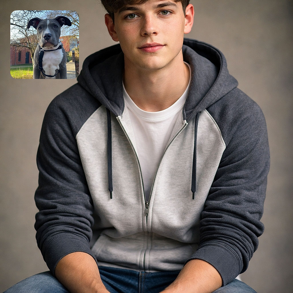 A grey-and-white pitbull puppy sits squarely in frame on a concrete ledge, staring into the camera with floppy ears and oversized paws; bare trees, a red brick building and a clear blue sky form the backdrop — the pup looks equal parts curious model and treat-negotiator.