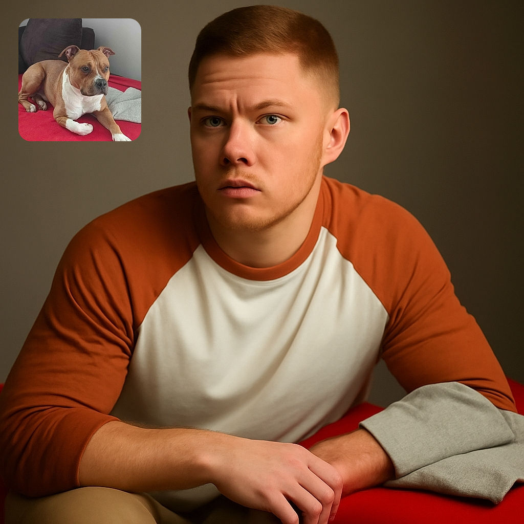 A calm and attentive brown and white dog lounges comfortably on a bright red blanket with a gray towel nearby, set against a neutral background with a dark cushion adding depth. The dog's focused gaze and relaxed posture make it a cozy and heartwarming scene.