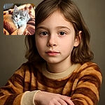 A curious little kitten with gray and white fur lounges comfortably on a warm, patterned blanket, its big eyes gazing softly at the camera, capturing a moment of cozy innocence and feline charm.