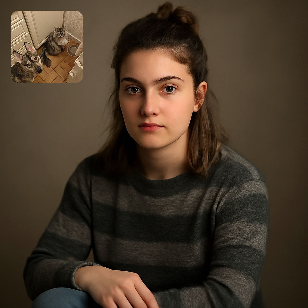 A curious dog with big ears and soulful eyes looks up at the camera while a fluffy, regal cat sits calmly near its food bowl in a cozy kitchen corner with warm-toned tile flooring.