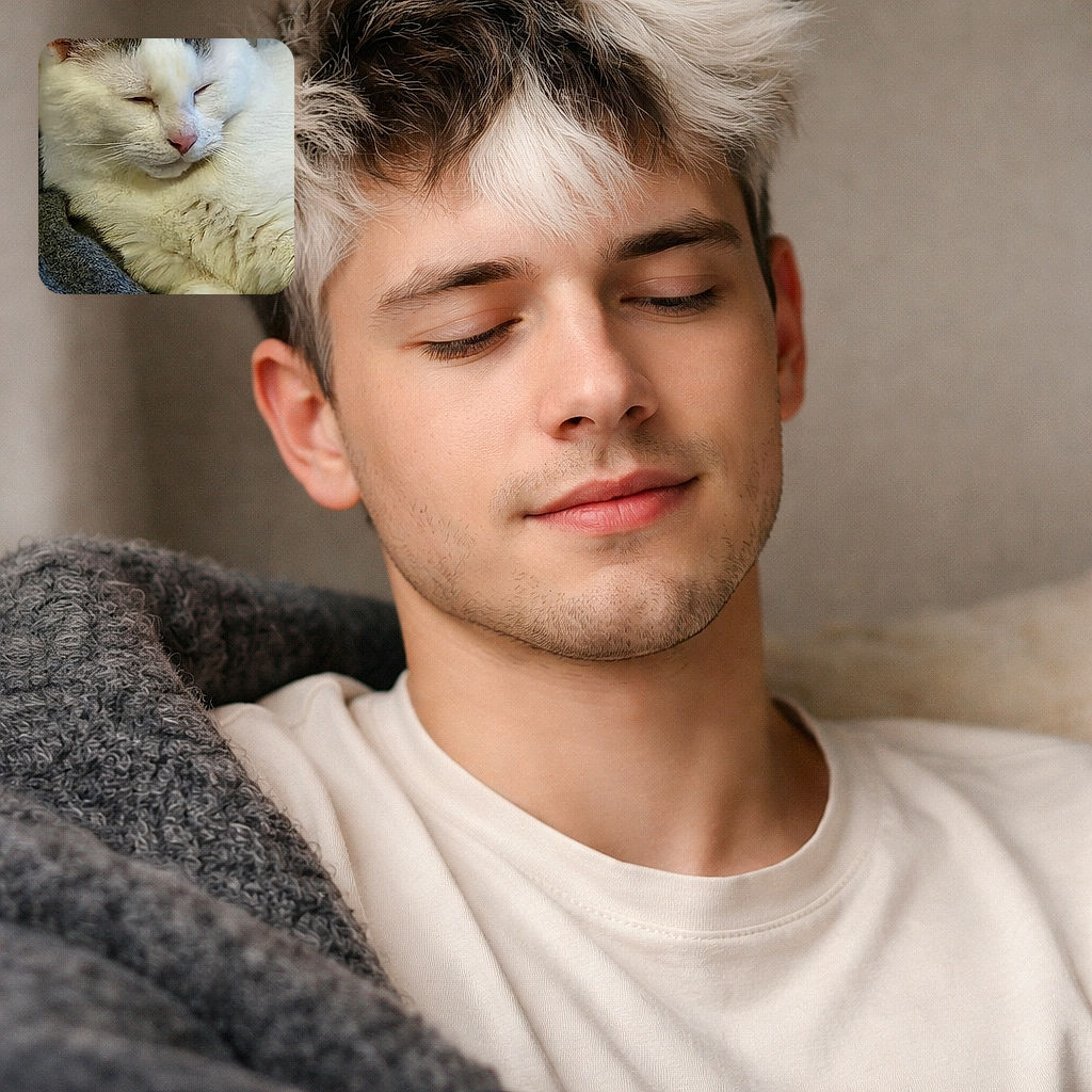 A fluffy white cat in full sleepy-glory, squinting like it just remembered a nap appointment. Close-up shows its pink nose, twitchy whiskers and contented pudginess against soft blankets — the picture of domestic royalty who demands treats at 3pm.