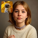 A charming small dog with fluffy fur and big expressive eyes looks up eagerly, standing on its hind legs against a warm wooden floor background that gives the photo a cozy homey feel.