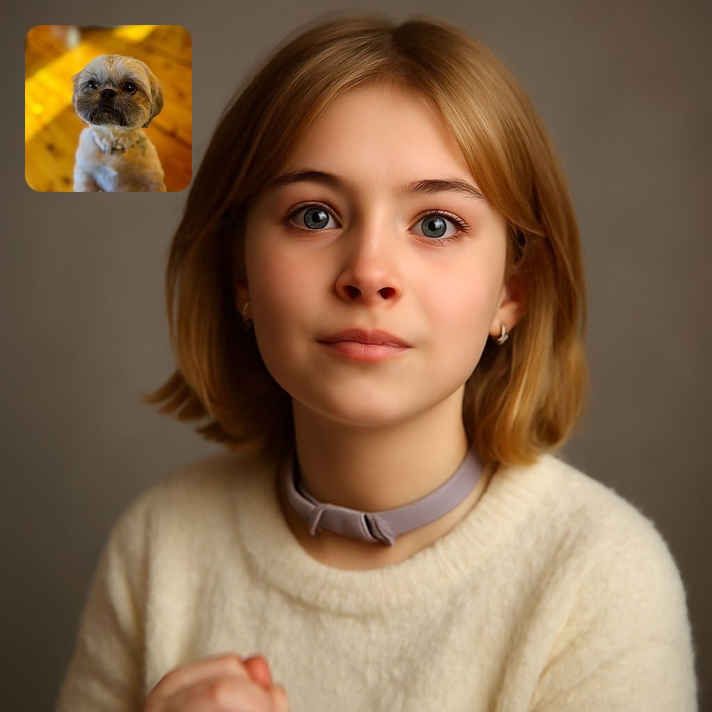 A charming small dog with fluffy fur and big expressive eyes looks up eagerly, standing on its hind legs against a warm wooden floor background that gives the photo a cozy homey feel.