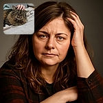 A fluffy tabby cat is lounging comfortably on a soft white blanket, receiving a gentle head scratch from a human hand. The cozy setting includes a gray couch in the background, giving a warm and relaxed vibe.
