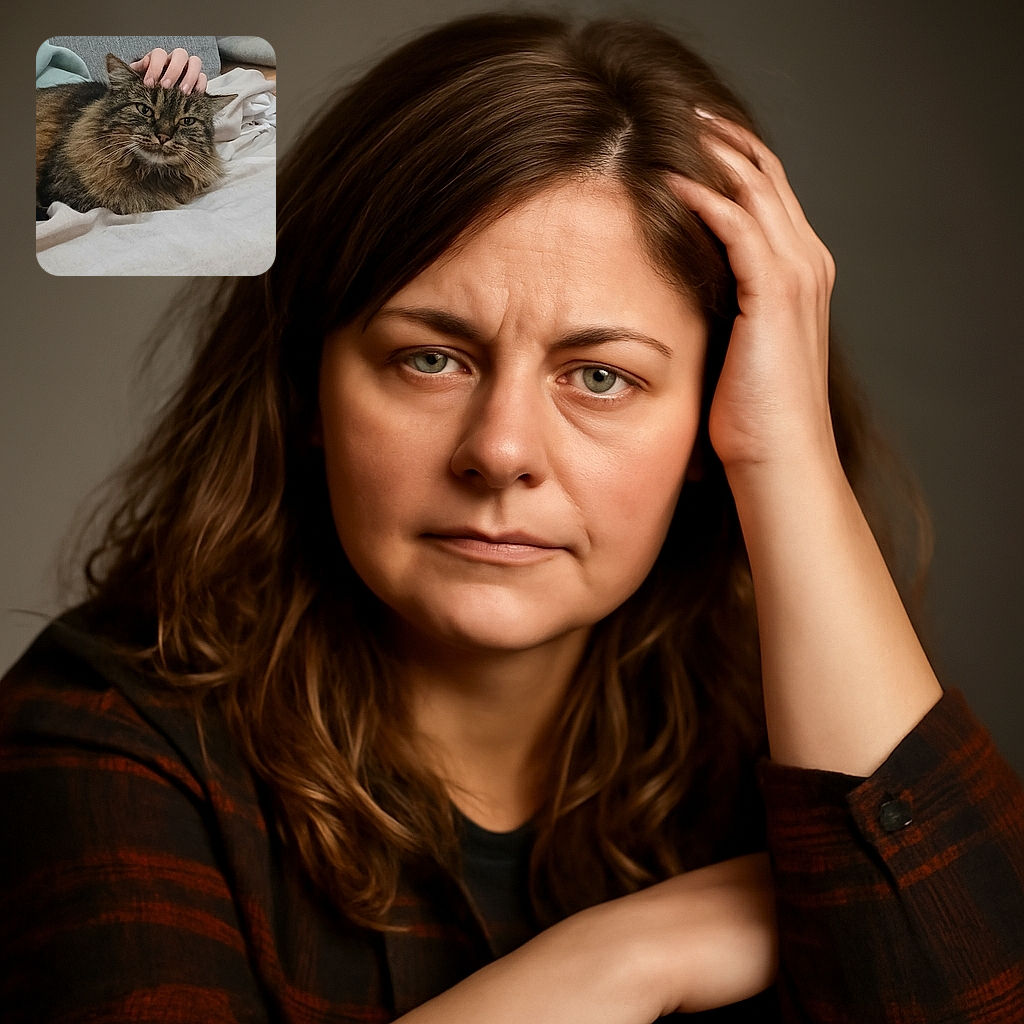 A fluffy tabby cat is lounging comfortably on a soft white blanket, receiving a gentle head scratch from a human hand. The cozy setting includes a gray couch in the background, giving a warm and relaxed vibe.
