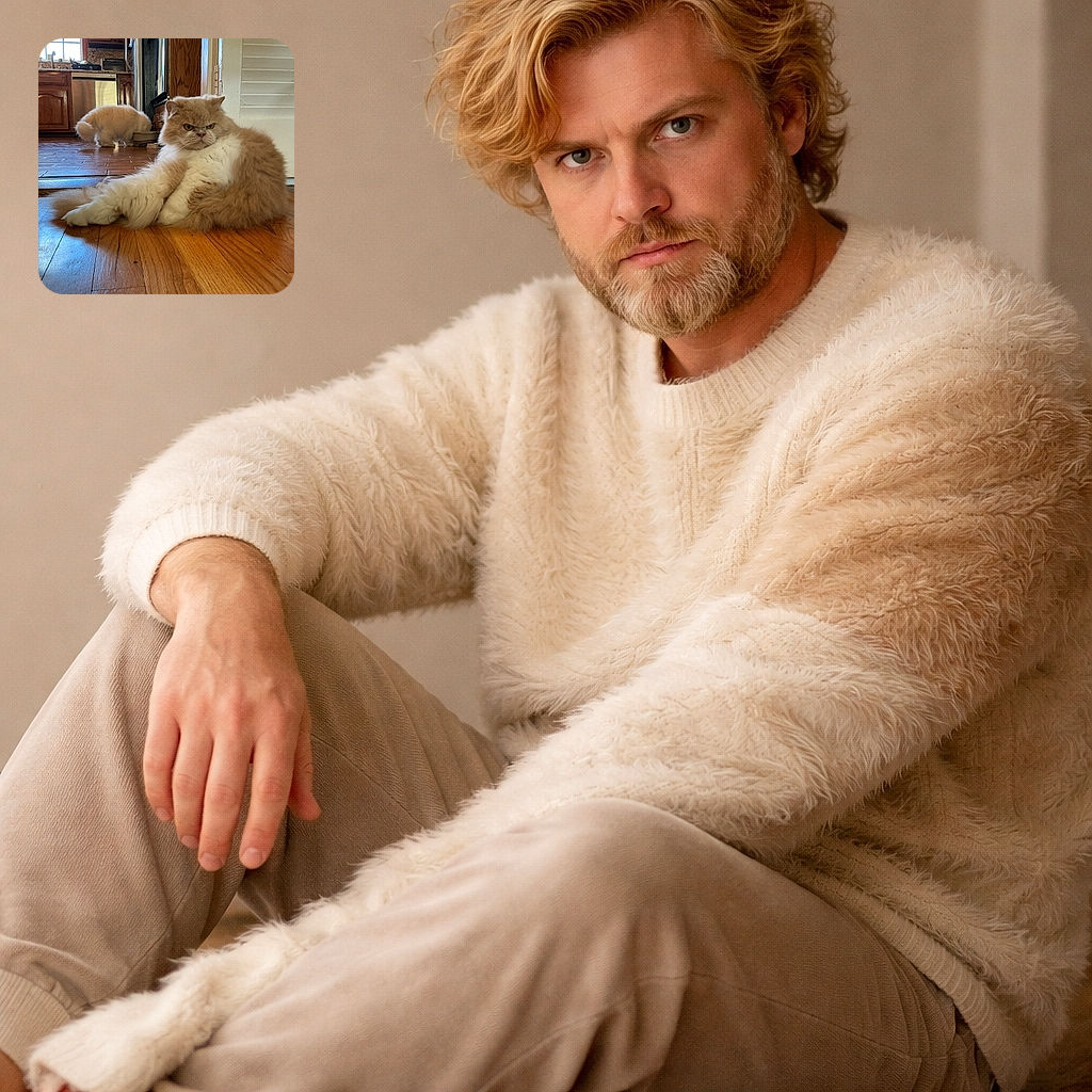 Two outrageously fluffy cats in a sunlit kitchen: a grumpy orange-and-white floof lounges dramatically in the foreground giving severe side-eye while a second white cat nibbles from a food bowl by the cabinets — hardwood floors and warm morning light complete the cozy, judgmental tableau.