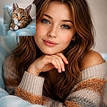 A charming tabby kitten lounges comfortably on a soft blue blanket, gazing directly into the camera with mesmerizing green eyes. The photo captures the kitten's delicate whiskers and fur texture in sharp detail, creating an intimate and heartwarming portrait.