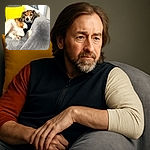 A charming dog with a soft brown and white coat lounges comfortably on a cozy gray blanket-covered couch, accented by a bright yellow pillow and a cream cushion in the background, looking relaxed and content.