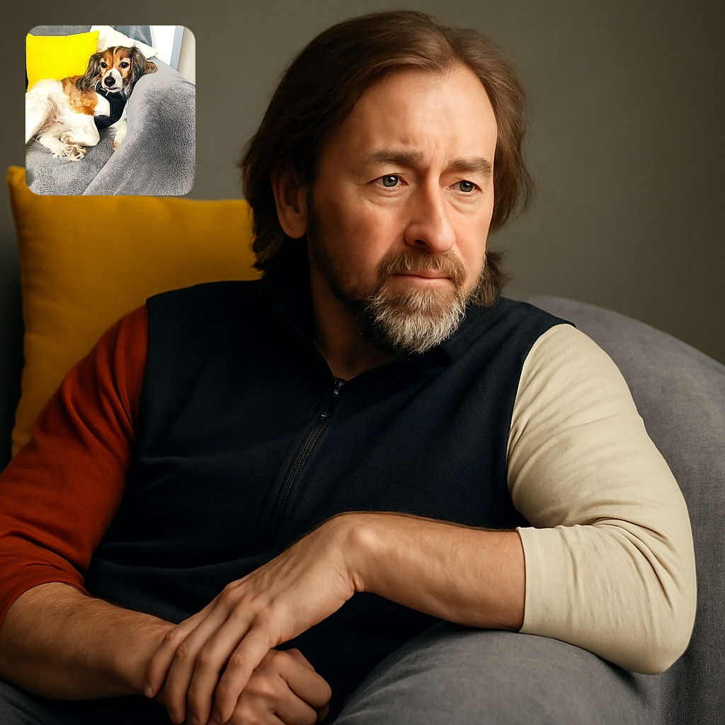 A charming dog with a soft brown and white coat lounges comfortably on a cozy gray blanket-covered couch, accented by a bright yellow pillow and a cream cushion in the background, looking relaxed and content.