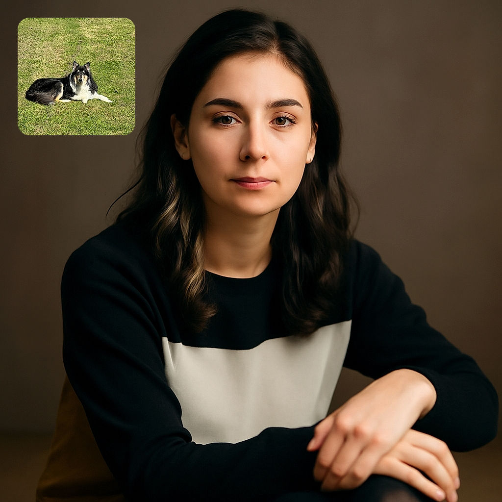 A fluffy black and white dog lounges regally on a sunlit patch of grass, gazing calmly at the camera with a serene expression, embodying the perfect blend of relaxation and alertness in a peaceful outdoor setting.