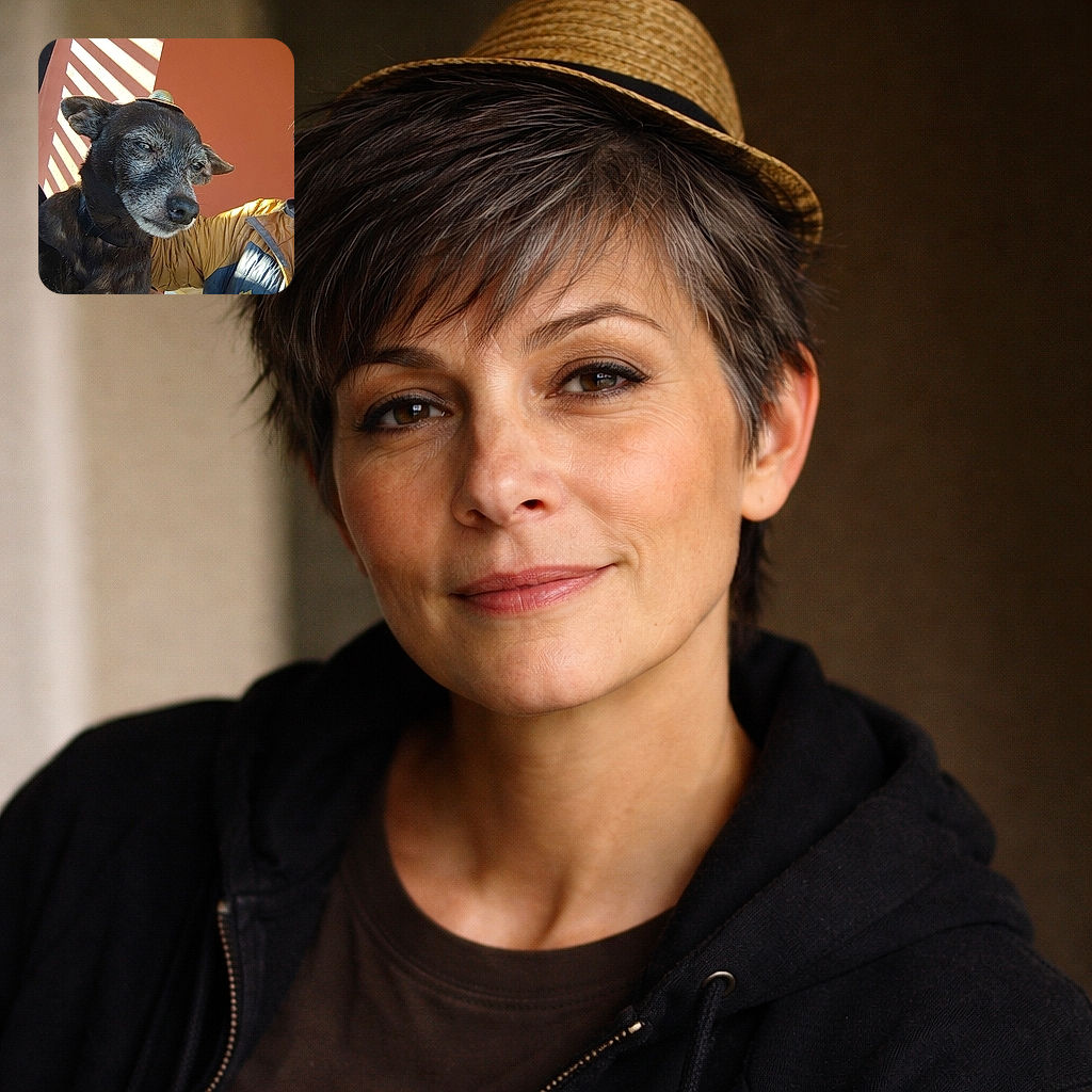 An adorable dog with a tiny straw hat perched on its head is being gently held by a person wearing a puffy jacket. The background features warm orange walls with sunlight casting striped shadows, giving the scene a cozy and playful vibe.