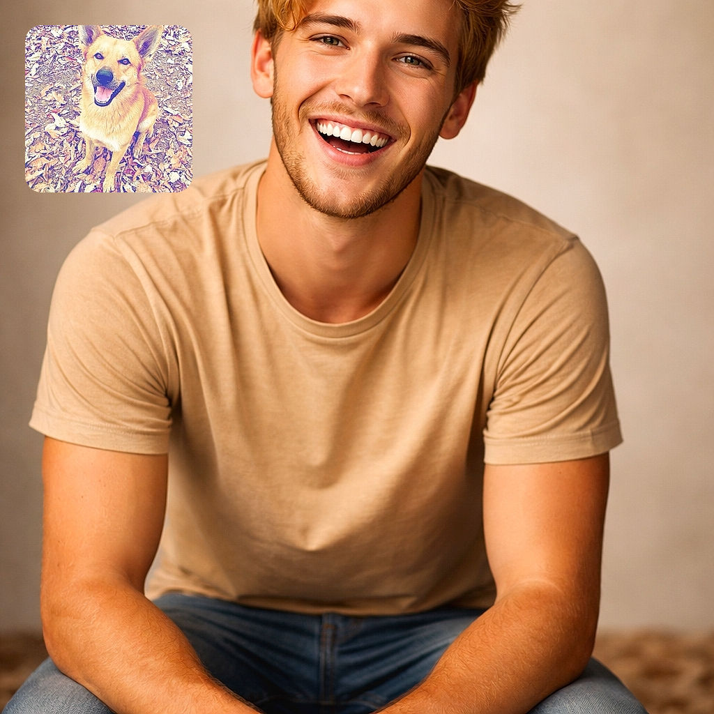 A cheerful dog with big ears is sitting on a bed of dry autumn leaves, looking up with a happy, open-mouthed smile as if ready to share a secret or a fetch game.