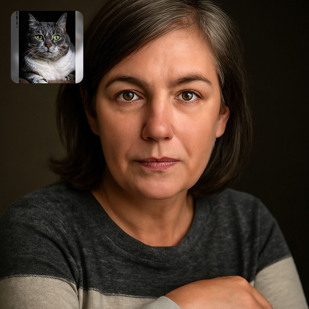 A majestic close-up portrait of a grey and white cat with striking green eyes, lounging comfortably on a soft brown surface. The background is dark, making the cat's face the focal point, with text overlays in French offering a message about companions having the right to their portrait and a call to DM for more info.