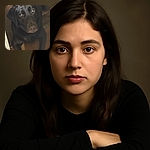 A soulful black dog is lying on a wooden floor, gazing upwards with shiny, reflective eyes, surrounded by a cozy indoor setting with warm natural light.