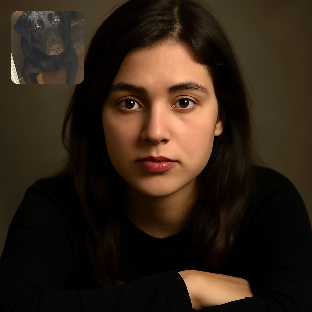 A soulful black dog is lying on a wooden floor, gazing upwards with shiny, reflective eyes, surrounded by a cozy indoor setting with warm natural light.