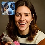 A close-up photo of a happy dog with shiny brown eyes and a pink tongue sticking out, holding a rope toy and a pink ball, with a cozy outdoor background featuring wicker furniture and greenery.